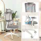 Silla de oficina profesional ERGOMY W en gris y blanco con respaldo de malla, mecanismo de respaldo ajustable y base de MyBuero