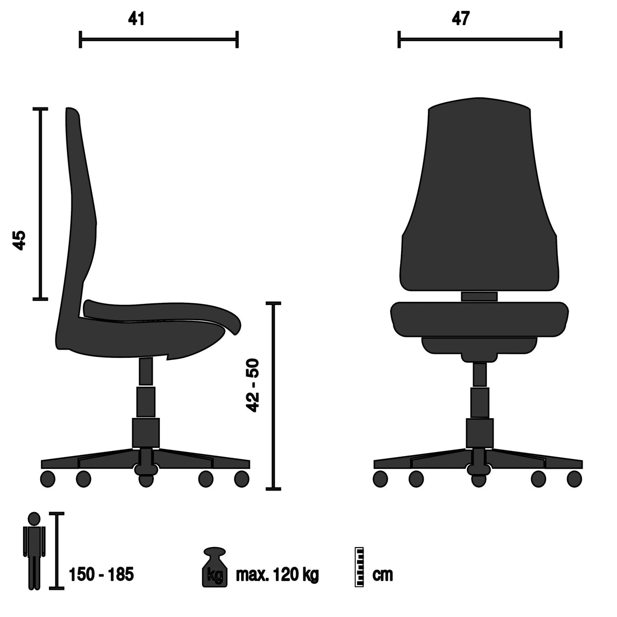 Dibujo técnico de la Silla Home Office CASLA con una altura del asiento de 42-50 cm de hjh OFFICE