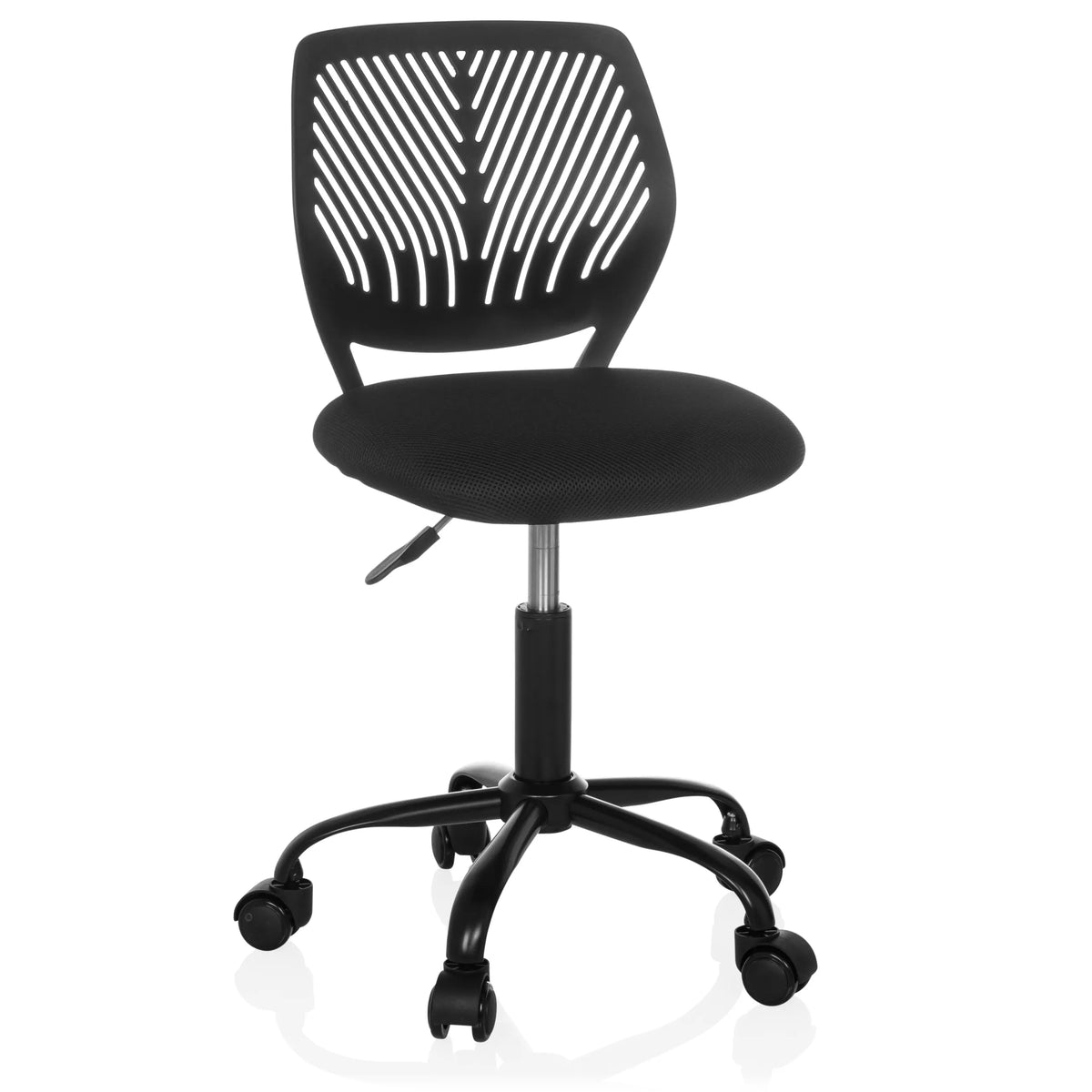 Silla giratoria para niños KID QB negra con respaldo de malla y base de cinco ruedas de hjh OFFICE – vista de 360° (vista frontal 15°)