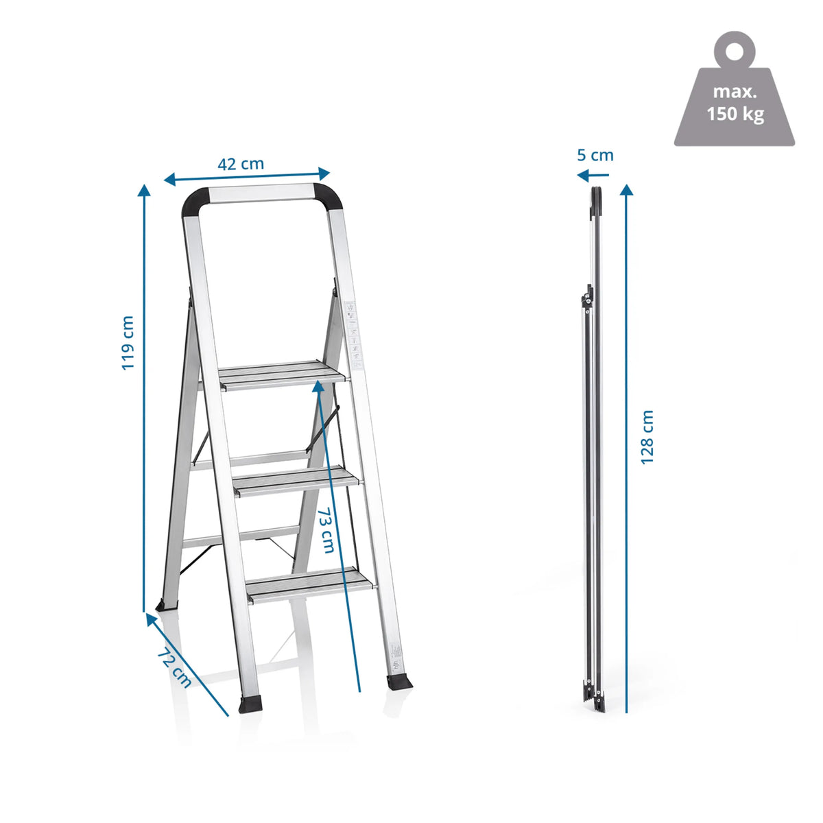 Dibujo dimensional de la Escalera plegable SOLID V con una altura de 119 cm y 42 cm de ancho de hjh OFFICE