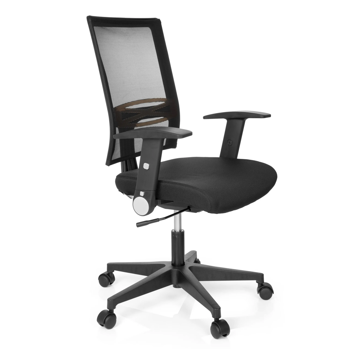 Silla Home OFFICE R8 negra con respaldo de malla y base de cinco ruedas de hjh OFFICE – vista de 360° (vista frontal en diagonal 60°)