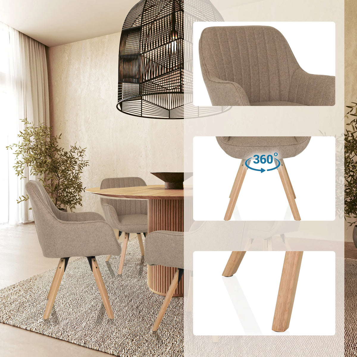 Silla tapizada beige SCANDI SOFT con función giratoria de 360 grados y patas de madera de hjh LIVING