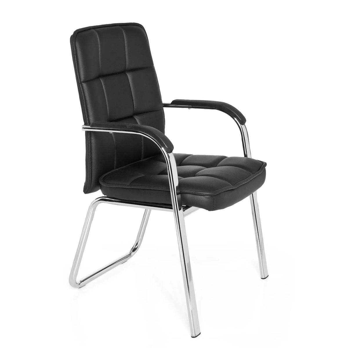 Silla de confidente negra BORNE con tapizado acolchado y estructura de patines de hjh OFFICE – vista de 360° (vista frontal en diagonal 60°)