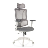 Silla de oficina profesional ERGOMY W gris con respaldo de malla y base blanca de cinco ruedas de MyBuero – vista de 360° (vista frontal 15°)