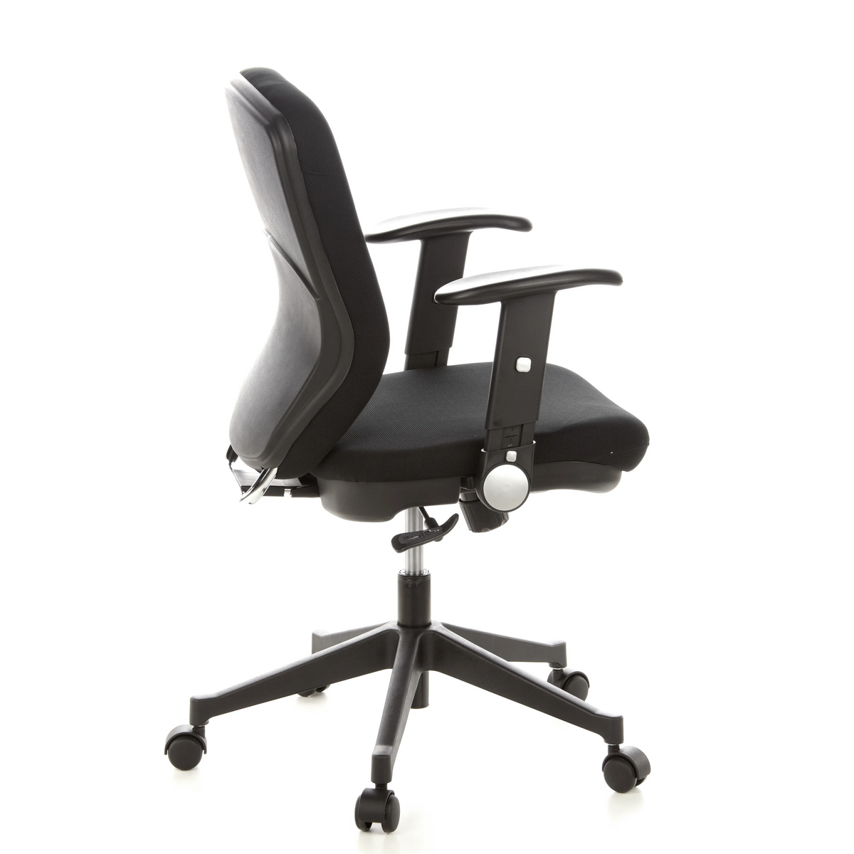 Silla de oficina profesional TRAFFIC 20 negra con reposabrazos y base de cinco ruedas de hjh OFFICE – vista de 360° (vista lateral 100°)