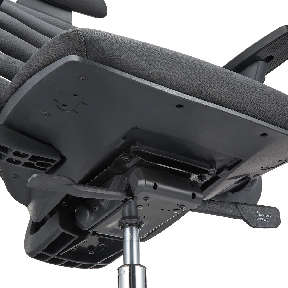 Parte inferior del asiento con palancas de ajuste de la silla de oficina profesional ERGO LINE II PRO en negro de hjh OFFICE