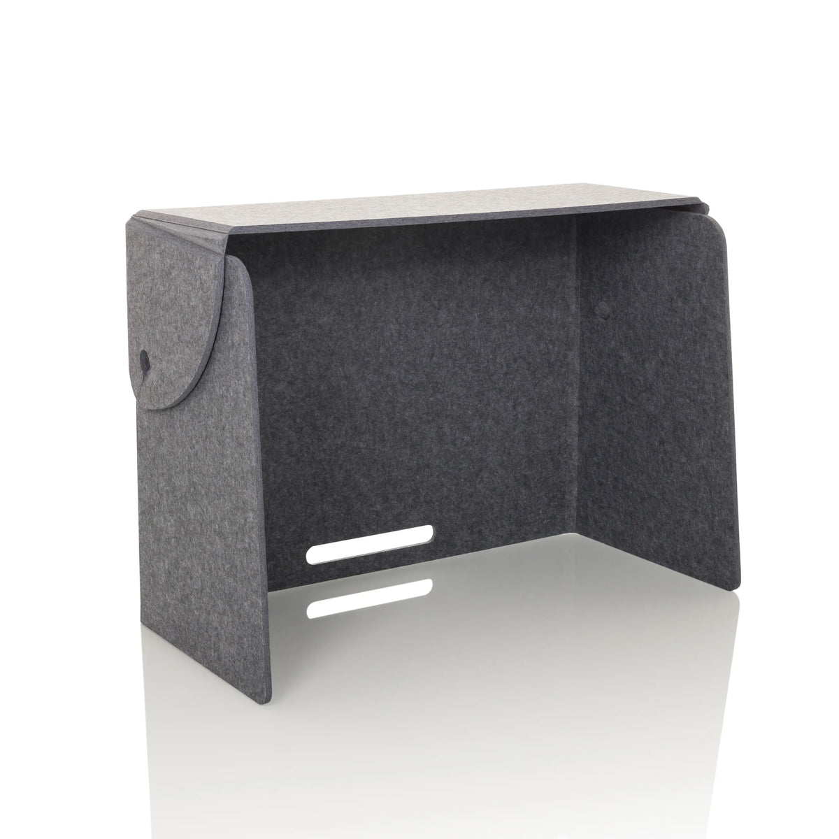 Separador de mesa gris FLEXMIUT FOLD con dos salidas de cable horizontales de hjh OFFICE – vista de 360° (vista frontal en diagonal 30°)