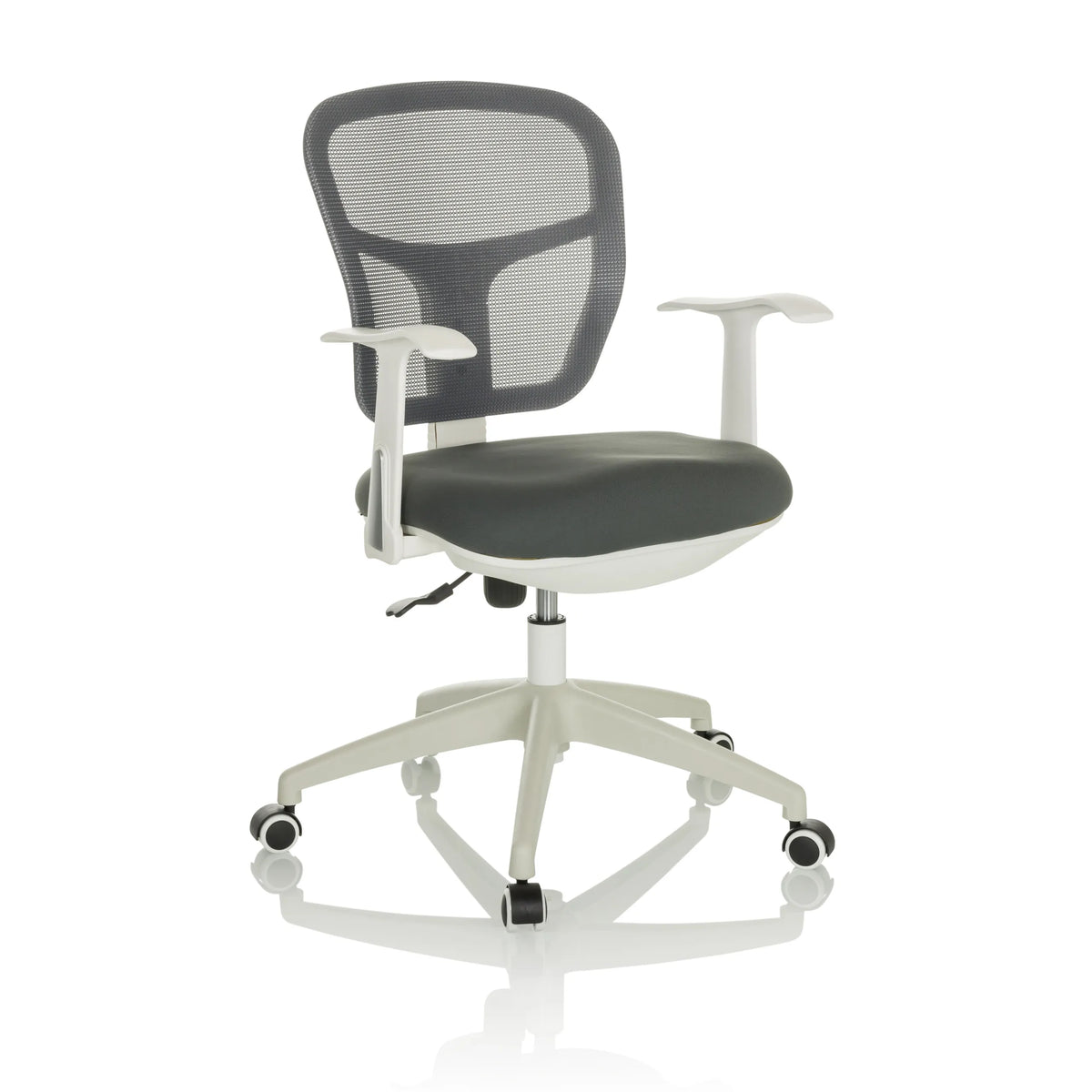 Silla Home Office TOP 108 W gris con respaldo de malla y base de cinco ruedas de hjh OFFICE – vista de 360° (vista frontal en diagonal 30°)