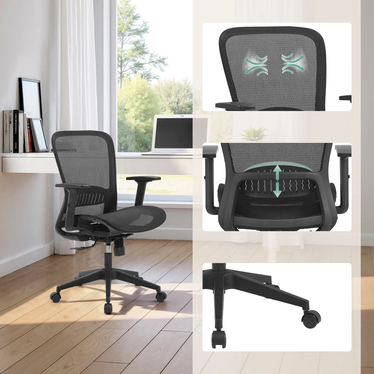 Silla de oficina profesional Air Port 2 negra con respaldo de malla, soporte lumbar ajustable y ruedas de MyBuero