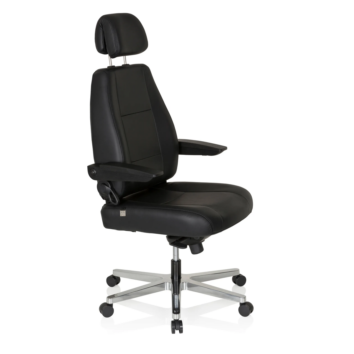 Silla giratoria XXL 24 HOURS negra de cuero con reposacabezas y base de cinco ruedas de hjh OFFICE – vista de 360° (vista frontal en diagonal 60°)