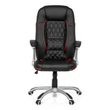 Silla gaming RELAX AB100 negra con costuras decorativas rojas, acolchado y base de cinco ruedas de MyBuero – vista de 360° (vista frontal 0°)