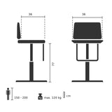 Dibujo técnico del taburete de bar LONSO 10 con una altura de 77 cm de hjh OFFICE