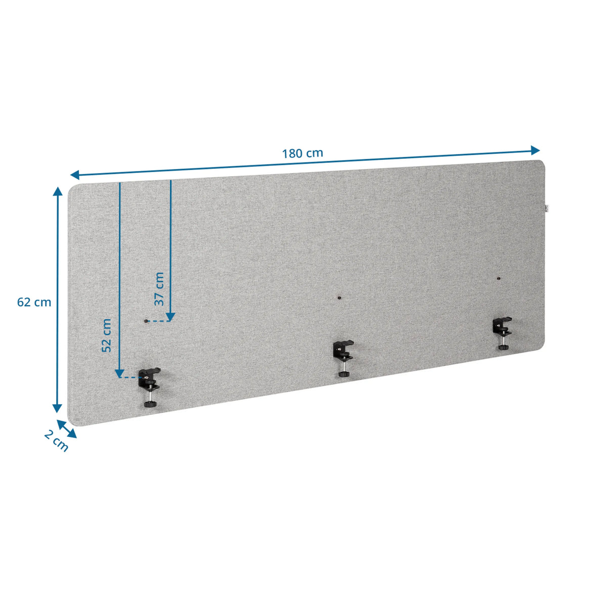 Dibujo dimensional del separador de mesa FLEXMIUT D 180 de 180 × 62 cm de hjh OFFICE