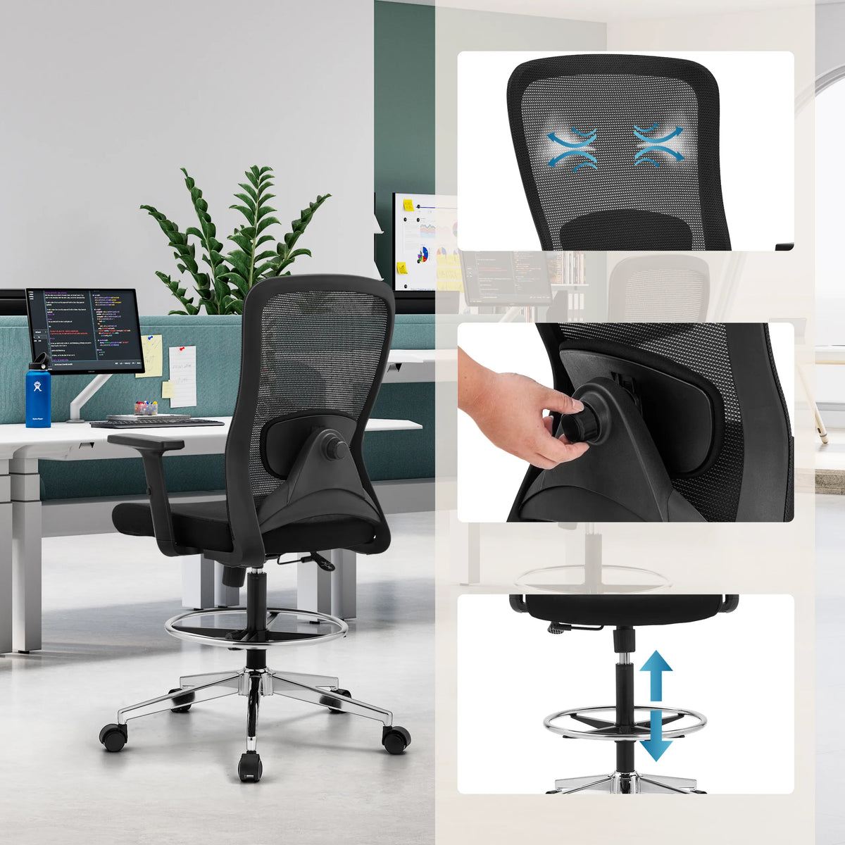 Silla de trabajo Top Work 44 en negro con respaldo de malla transpirable y anillo para los pies ajustable en altura de hjh OFFICE