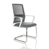 Silla de viga voladiza VISITER W gris con respaldo de malla, reposabrazos y estructura cromada de hjh OFFICE – vista de 360° (vista frontal en diagonal 45°)