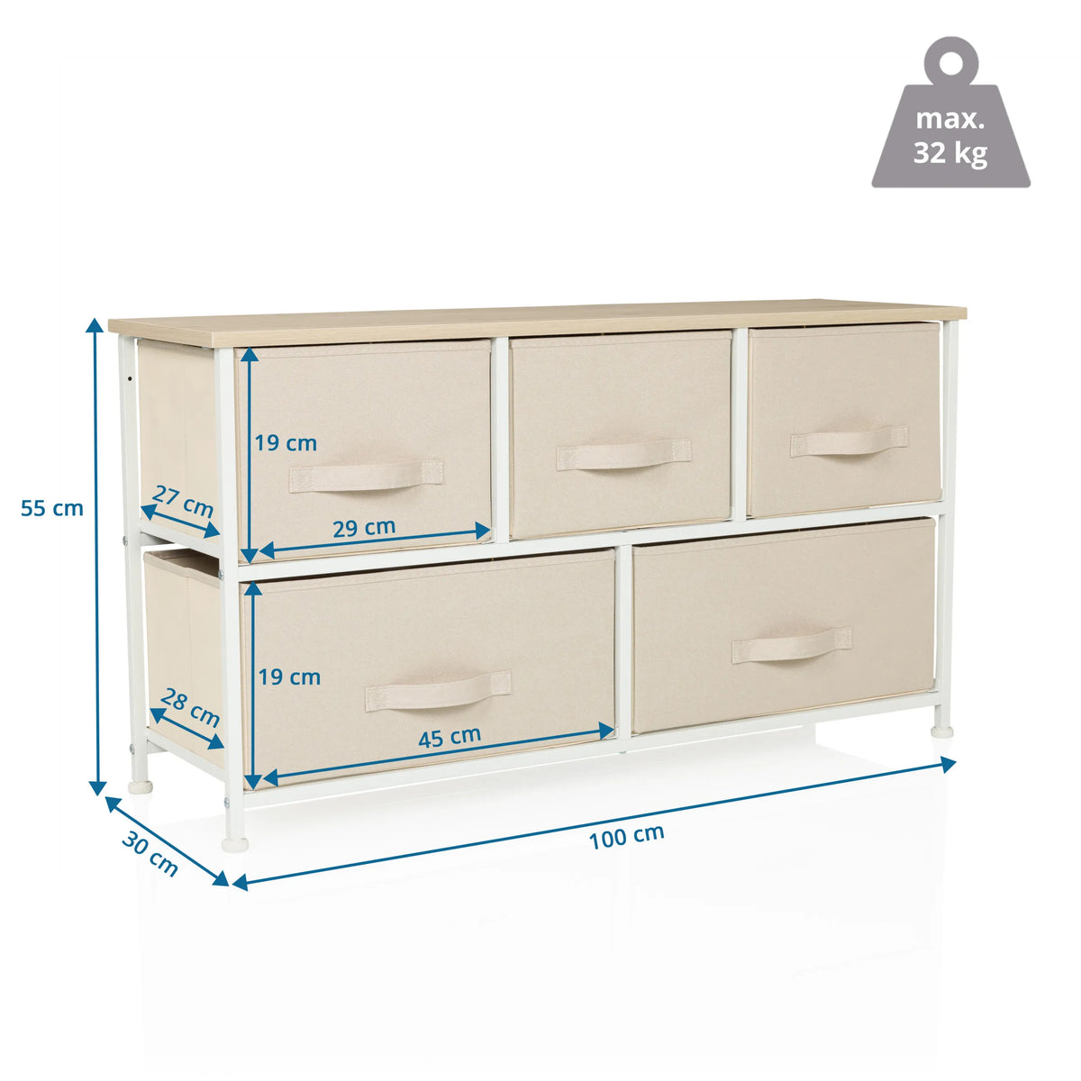 Dibujo dimensional de la Cómoda FOLDAR de 100 × 30 cm y una carga máxima de 32 kg de hjh LIVING