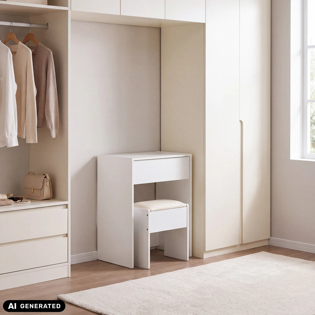 Tocador Glamdesk blanco con un cajón y taburete a juego frente a un armario empotrado de hjh LIVING