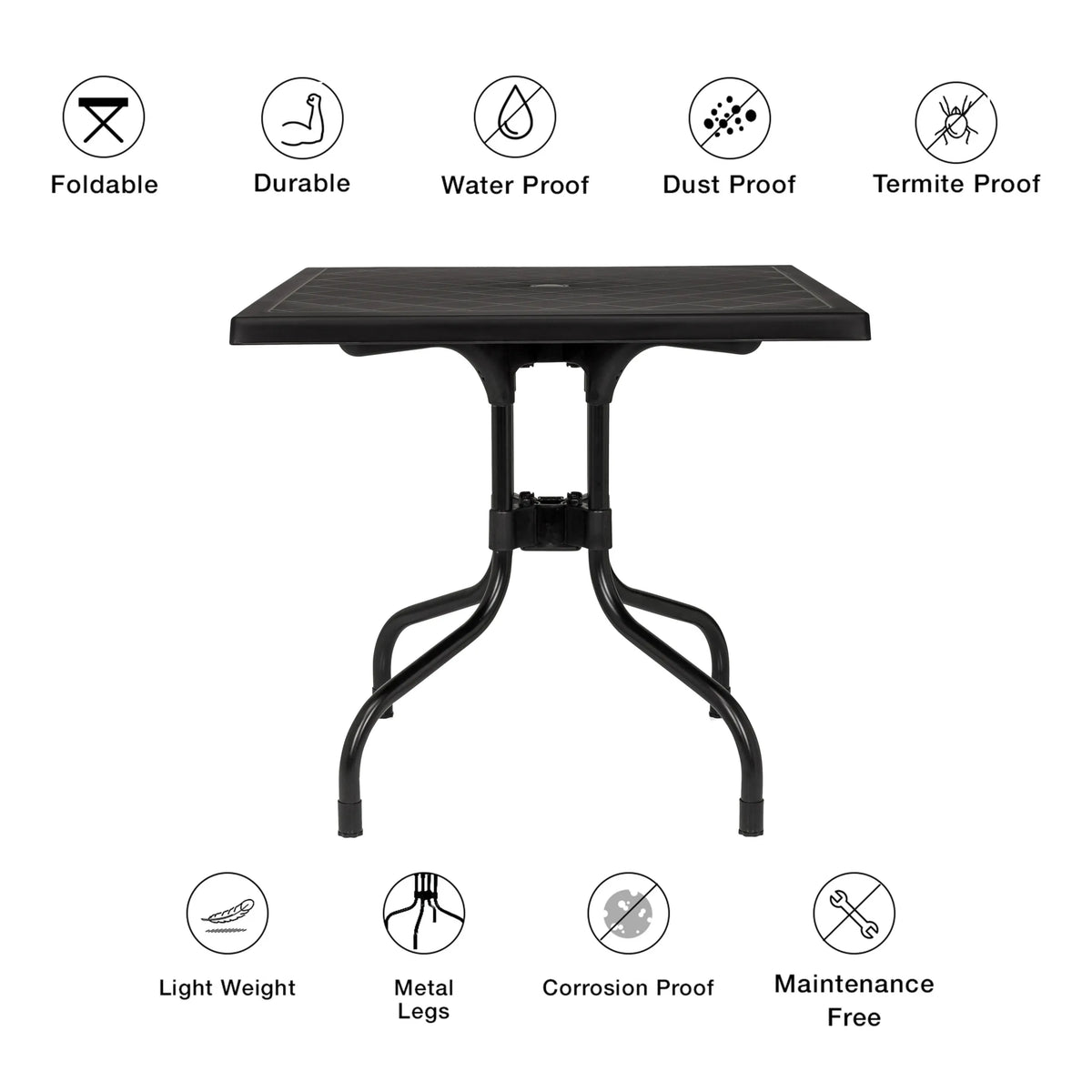 Mesa plegable TRAVANO T1 negra con patas de metal y símbolos de las propiedades del material y funciones de hjh LIVING