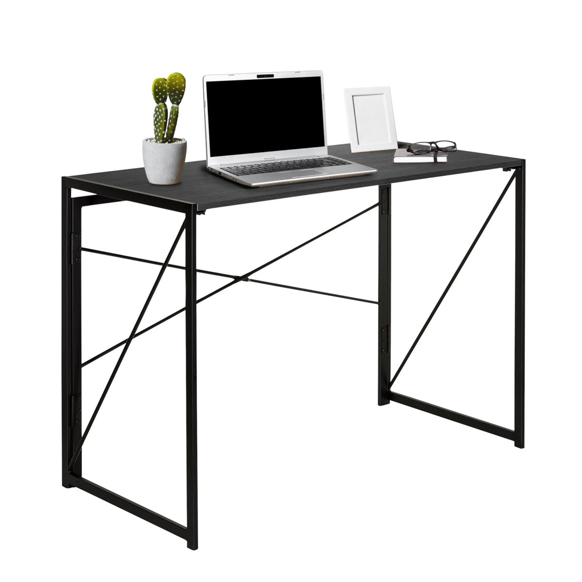 Escritorio plegable EASY UP MULTI en negro con medidas de 100 × 50 cm y una estructura metálica con travesaños en cruz de hjh OFFICE