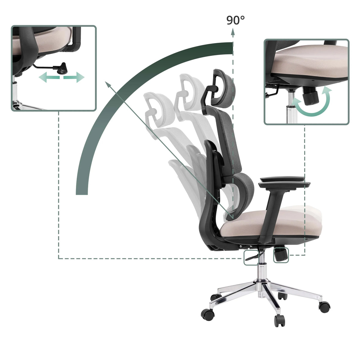 Respaldo ajustable con inclinación de 90 grados y ajuste de altura de la silla de oficina profesional Ergomy Pro de hjh OFFICE