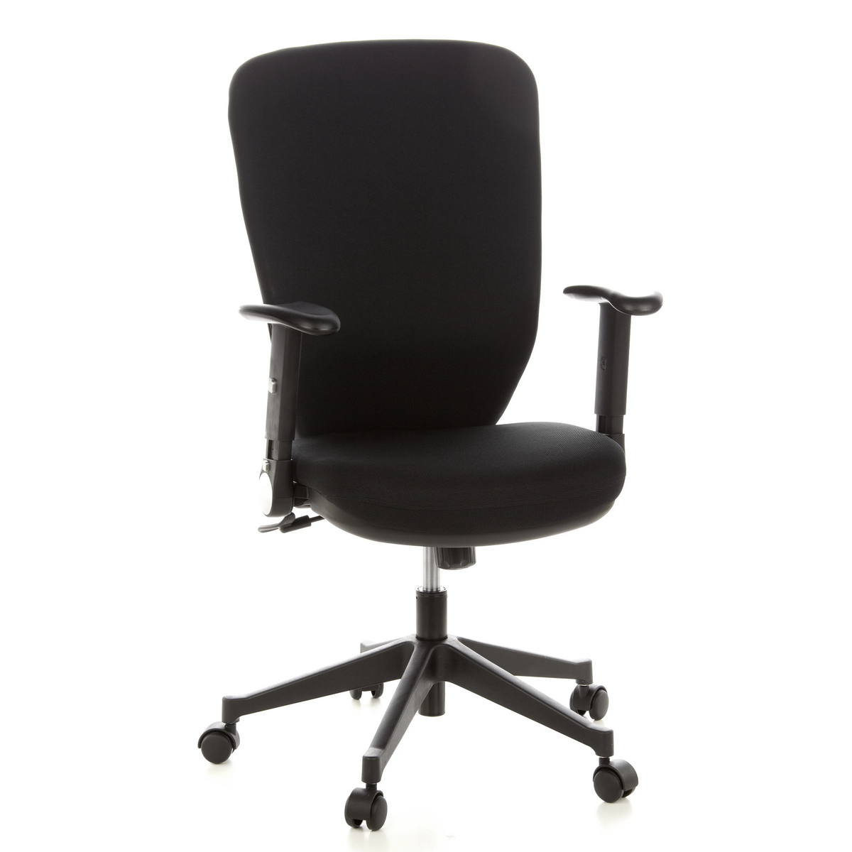 Silla de oficina profesional TRAFFIC 30 negra con reposabrazos y base de cinco ruedas de hjh OFFICE – vista de 360° (vista frontal 20°)