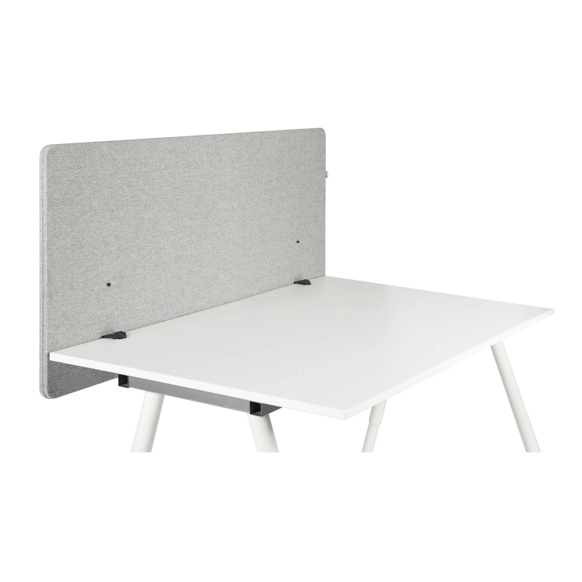 Separador de mesa FLEXMIUT D 120 en gris claro jaspeado sobre un escritorio blanco de hjh OFFICE – vista de 360° (vista frontal 0°)