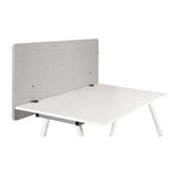 Separador de mesa FLEXMIUT D 120 en gris claro jaspeado sobre un escritorio blanco de hjh OFFICE – vista de 360° (vista frontal 0°)