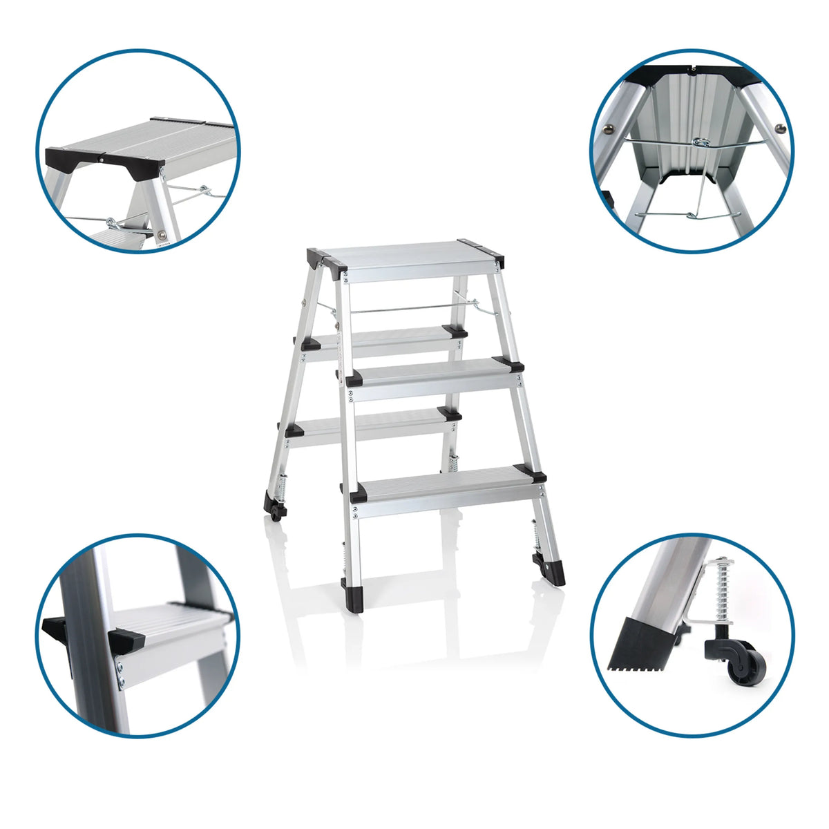 Escalera plegable de aluminio SOLID IV con tres peldaños, pies antideslizantes y ruedas de hjh OFFICE