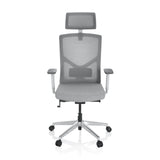 Silla de oficina profesional BRETON PRO W en color gris con respaldo de malla, reposacabezas y base de cinco ruedas de hjh OFFICE – vista de 360° (vista frontal 0°)