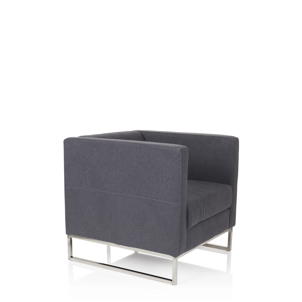 Sillón tapizado BARBADOS gris oscuro con diseño cuadrado y estructura metálica de hjh OFFICE – vista de 360° (vista frontal en diagonal 60°)
