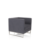 Sillón tapizado BARBADOS gris oscuro con diseño cuadrado y estructura metálica de hjh OFFICE – vista de 360° (vista frontal en diagonal 60°)