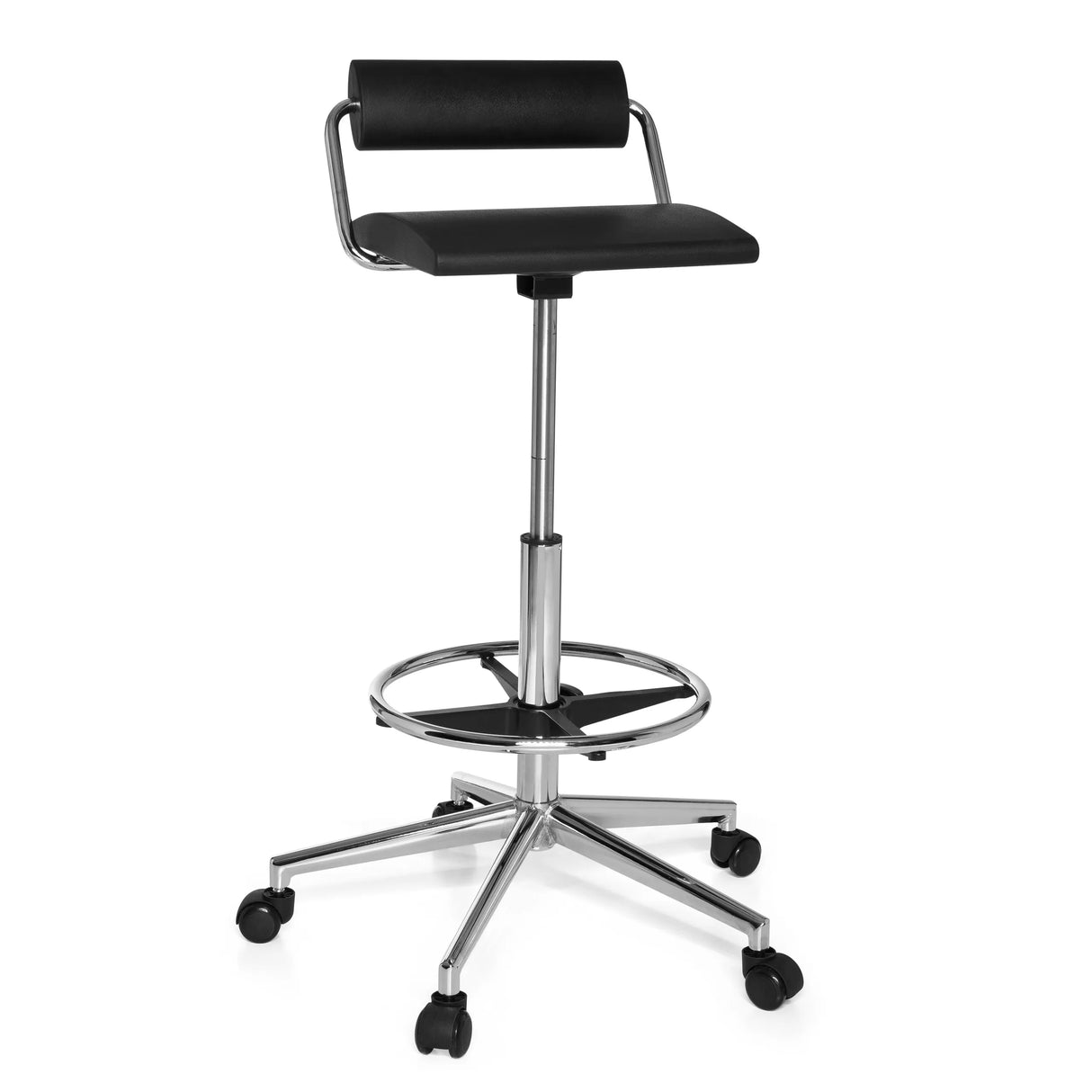 Taburete giratorio negro TOP WORK 28 con anillo reposapiés y base de cinco ruedas de hjh OFFICE – vista de 360° (vista frontal 20°)