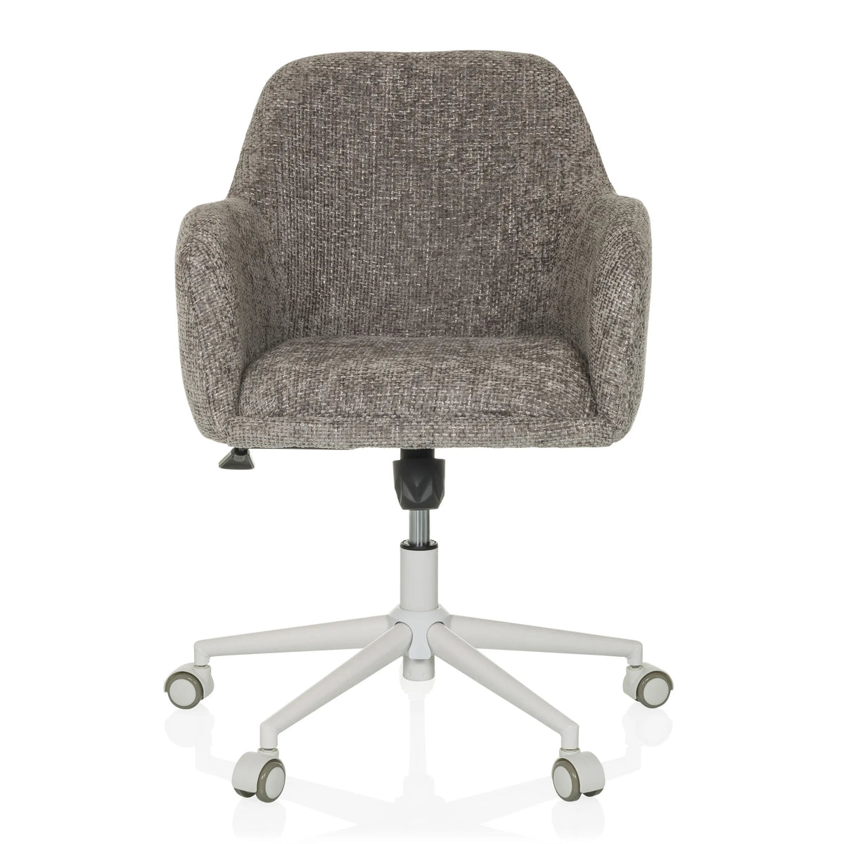 Silla Home Office SOLAO HOME gris con tapizado de tela y base blanca de cinco ruedas de hjh LIVING – vista de 360° (vista frontal 0°)