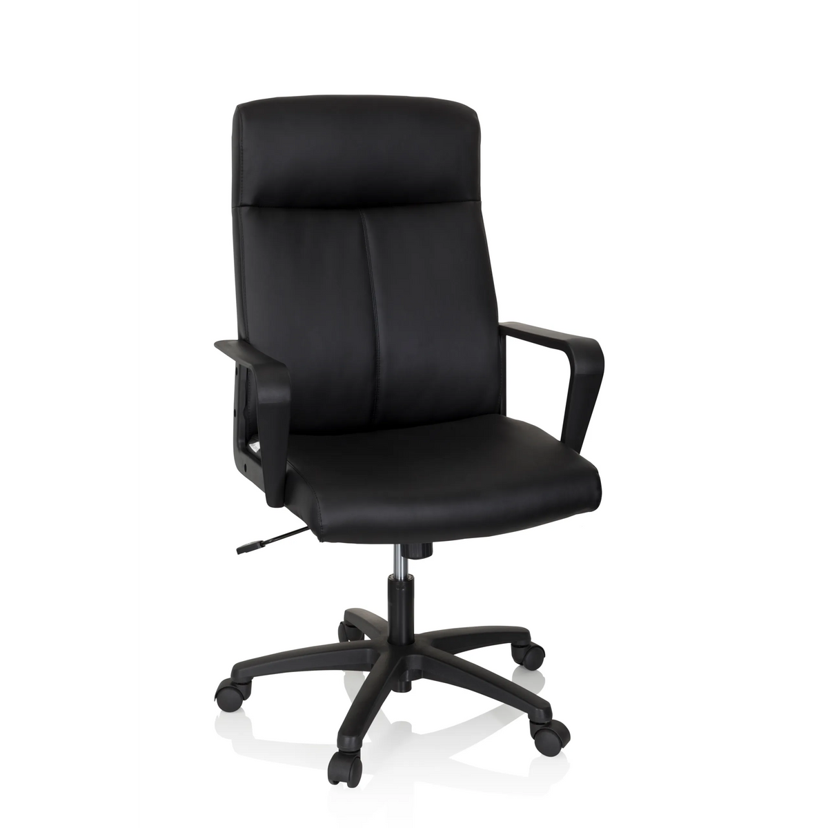 Sillón de oficina profesional LISSO negro con reposabrazos y base de cinco ruedas de hjh OFFICE – vista de 360° (vista frontal 20°)