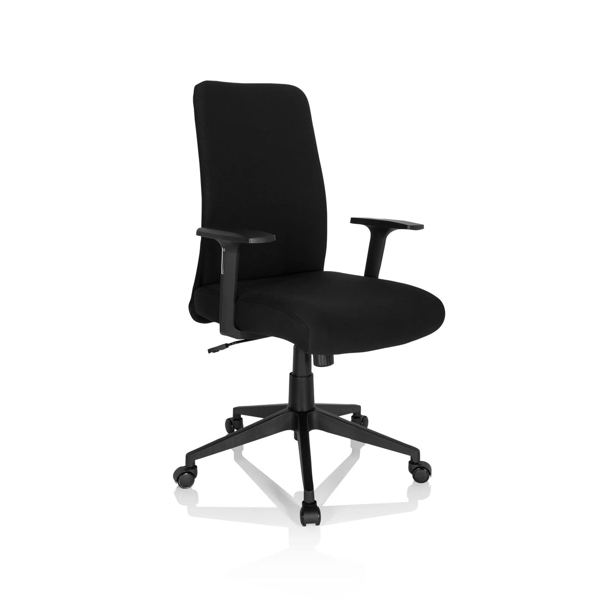 Silla Home Office COSIO I negra con reposabrazos y base de cinco ruedas de hjh OFFICE – vista de 360° (vista frontal en diagonal 40°)
