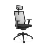 Silla de oficina profesional ASPEN PRO negra con respaldo de malla, reposacabezas y base de cinco ruedas de hjh OFFICE – vista de 360° (vista frontal en diagonal 40°)