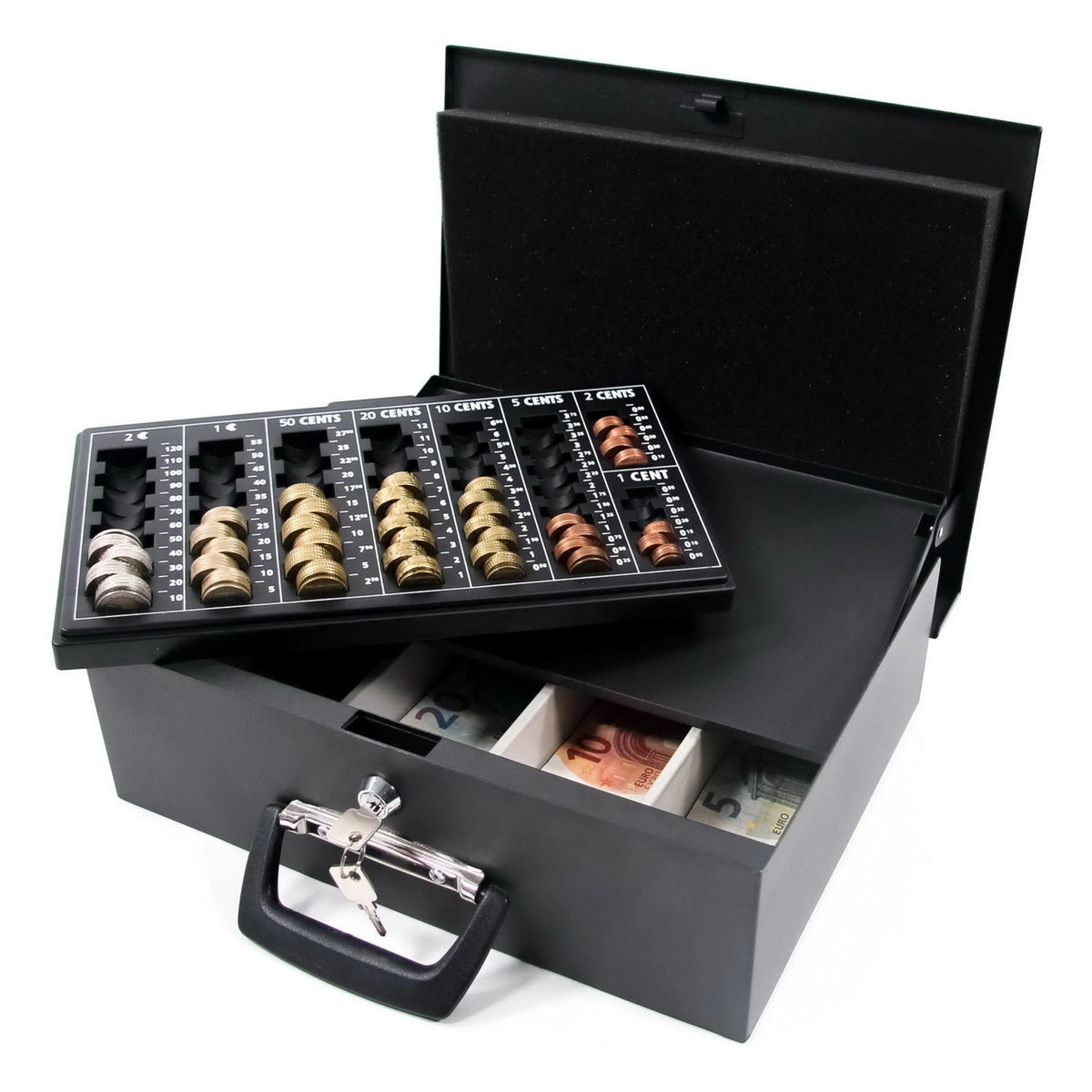 Caja de efectivo SAFE I abierta en color negro con inserto para monedas y compartimentos para billetes, con cerradura y asa de hjh OFFICE
