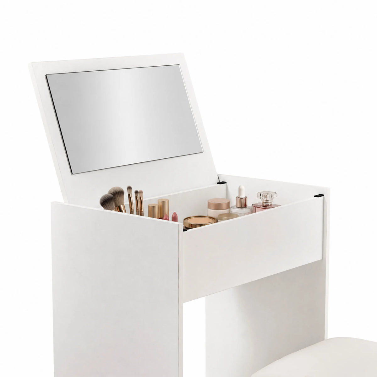 Tocador Glamdesk abierto en blanco con espejo integrado y almacenamiento para maquillaje de hjh LIVING