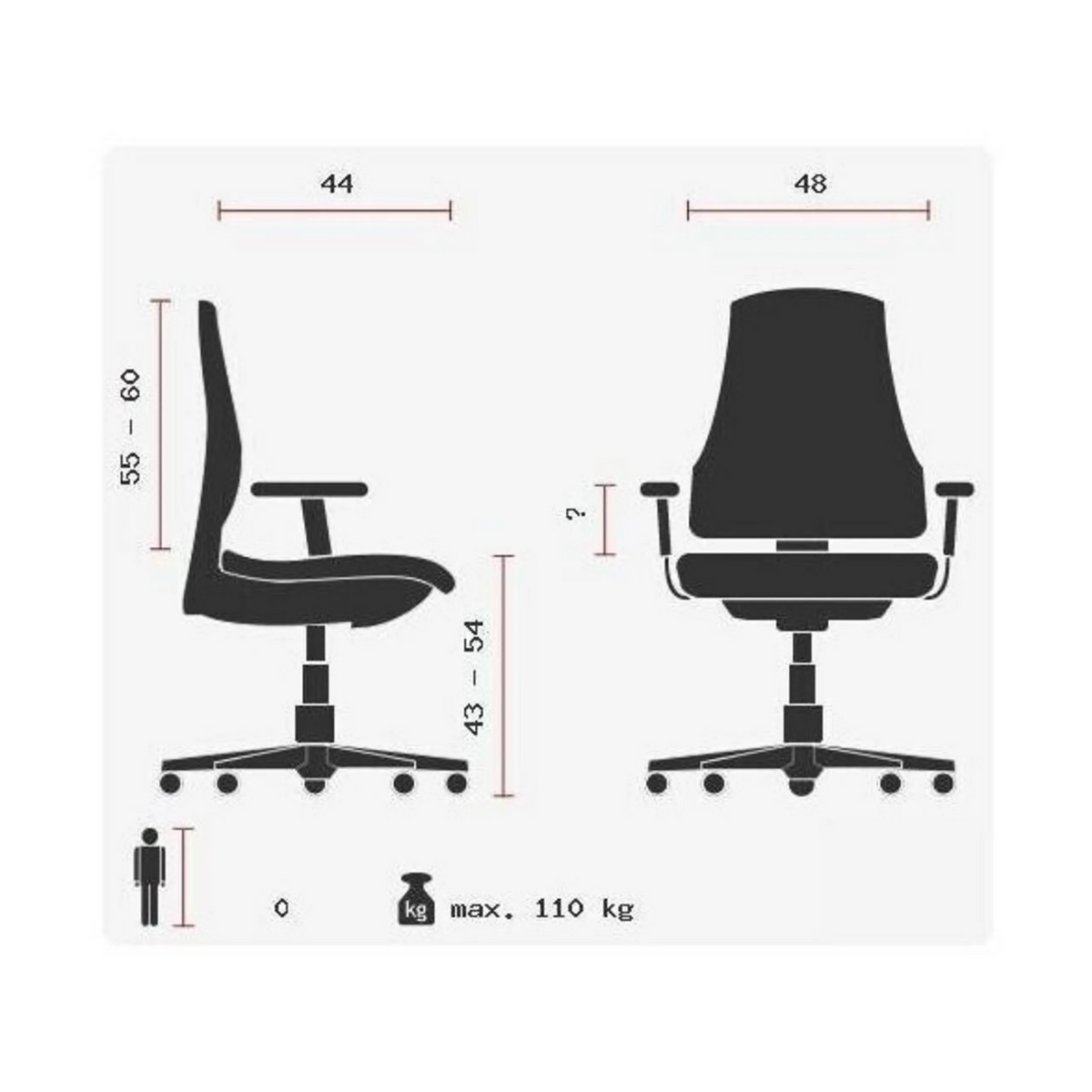 Technische Zeichnung des Profi-Bürostuhls SITNESS 15 U2 mit einer maximalen Belastbarkeit von 110 kg von Topstar