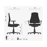 Technische Zeichnung des Profi-Bürostuhls SITNESS 15 U2 mit einer maximalen Belastbarkeit von 110 kg von Topstar
