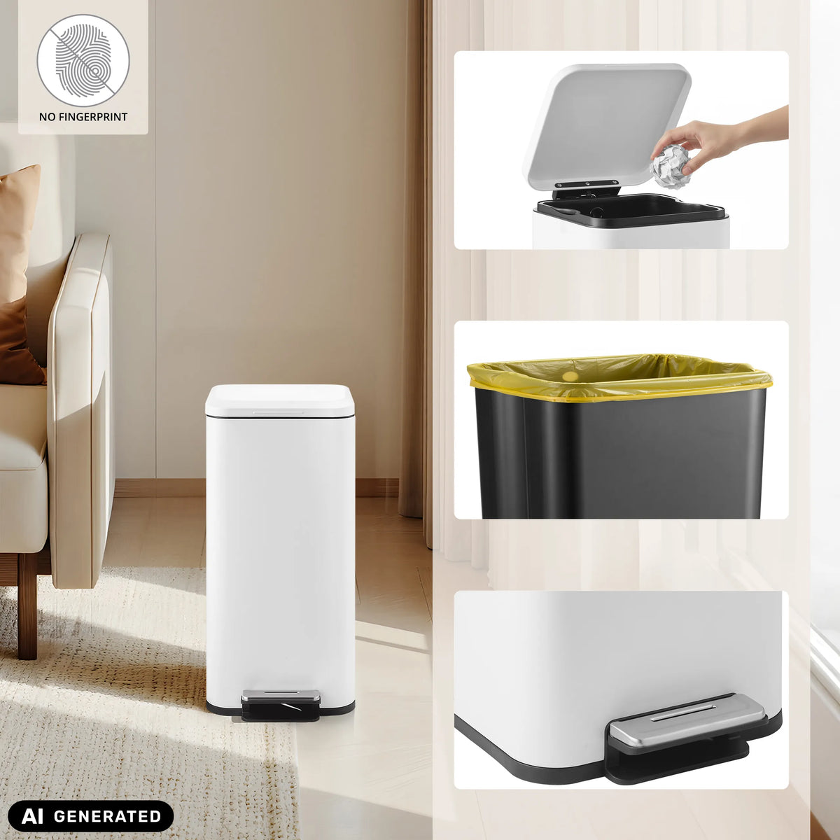 Papelera blanca Clean Square con pedal y cubo interior de hjh OFFICE (imagen generada por IA)