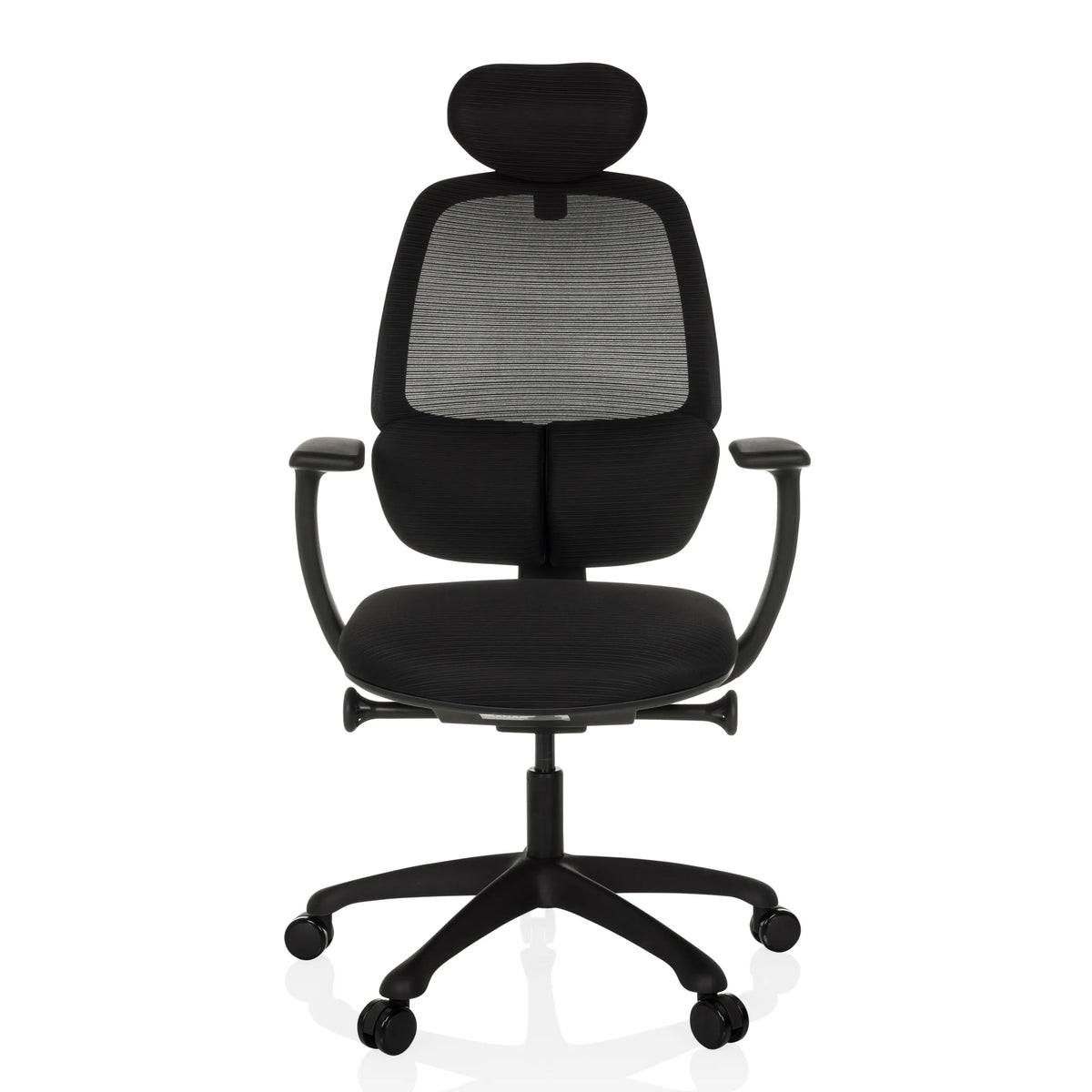 Silla de oficina profesional RI-COVER negra con respaldo de malla, reposacabezas y base de cinco ruedas de hjh OFFICE – vista de 360° (vista frontal 0°)