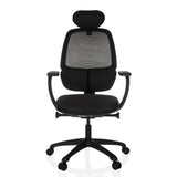 Silla de oficina profesional RI-COVER negra con respaldo de malla, reposacabezas y base de cinco ruedas de hjh OFFICE – vista de 360° (vista frontal 0°)