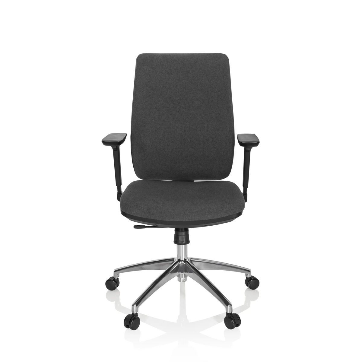 Silla de oficina profesional INTEGRIO I en color gris oscuro con reposabrazos y base de cinco ruedas de hjh OFFICE – vista de 360° (vista frontal 0°)