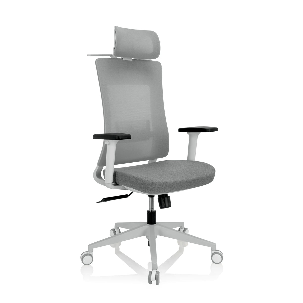 Silla de oficina profesional COMFIO WMH gris con respaldo de malla, reposacabezas y base de cinco ruedas de hjh OFFICE – vista de 360° (vista frontal en diagonal 40°)