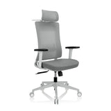 Silla de oficina profesional COMFIO WMH gris con respaldo de malla, reposacabezas y base de cinco ruedas de hjh OFFICE – vista de 360° (vista frontal en diagonal 40°)