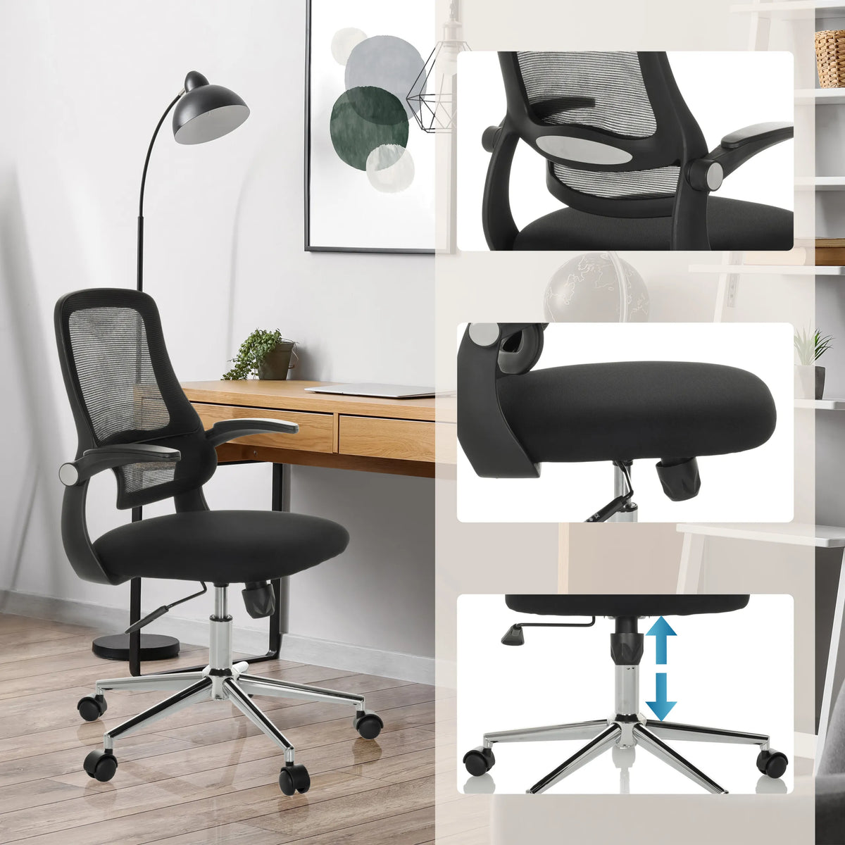 Silla Home Office MIKO B ECO en negro con respaldo de malla, altura del asiento ajustable y ruedas de hjh OFFICE