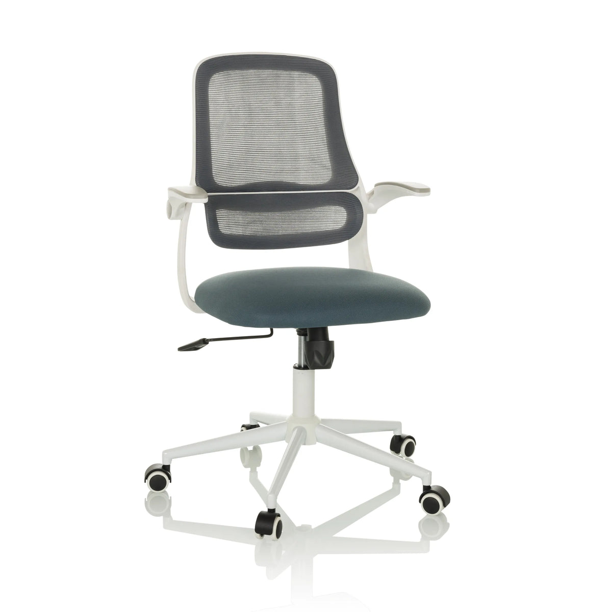 Silla Home Office MIKO W ECO gris con respaldo de malla y base blanca de cinco ruedas de hjh OFFICE – vista de 360° (vista frontal 15°)
