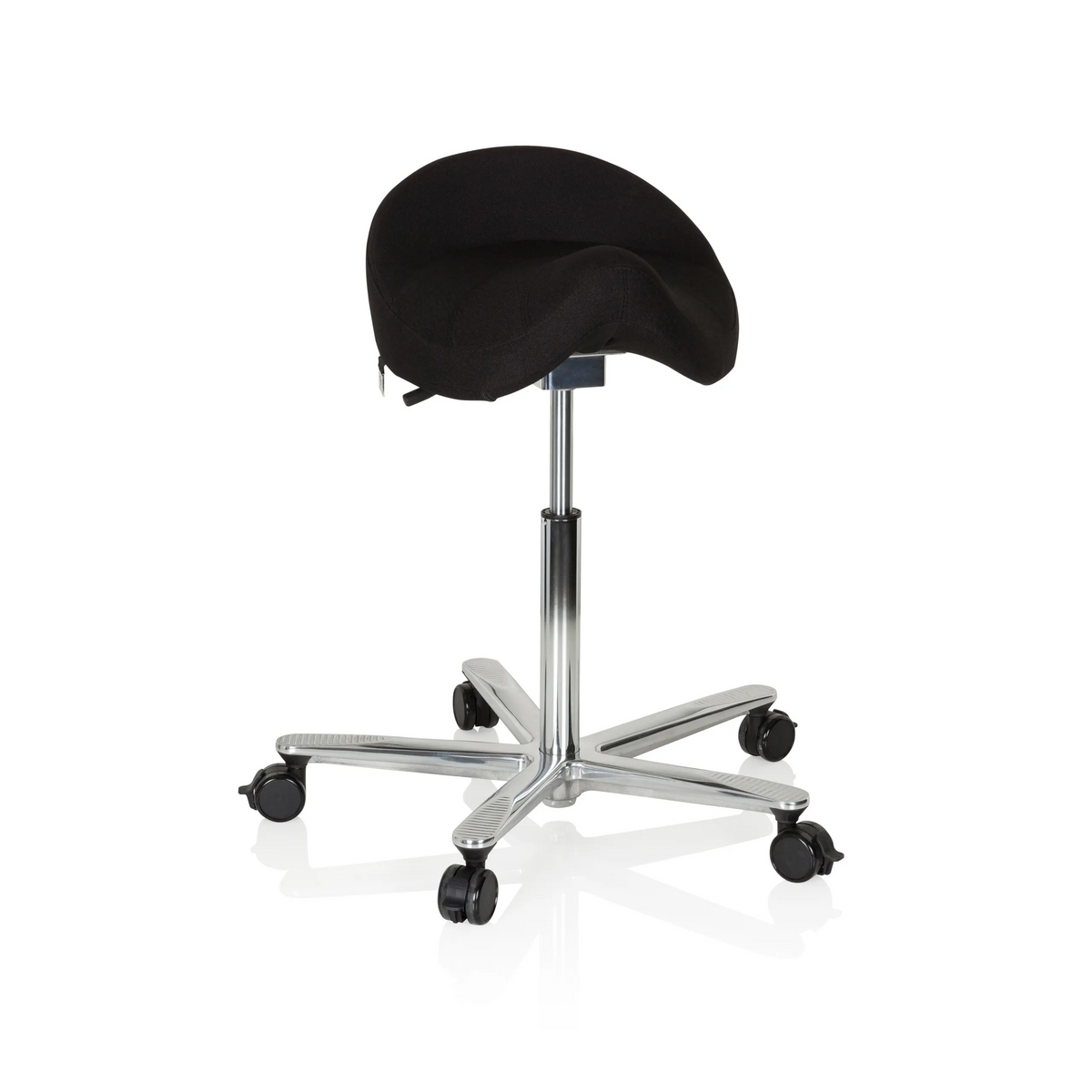 taburete de silla de montar MOVE-TEC 3D PRO I negro con una base de cinco ruedas de hjh OFFICE – vista de 360° (vista frontal 20°)