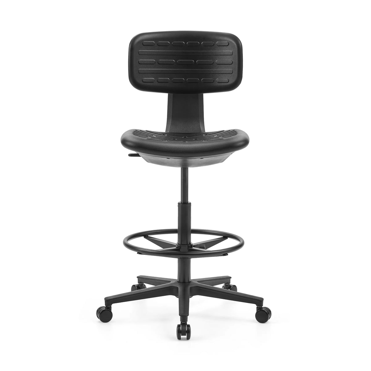 Silla de mostrador TOP WORK B negra con aro reposapiés y base de cinco ruedas de hjh OFFICE – vista de 360° (vista frontal 0°)